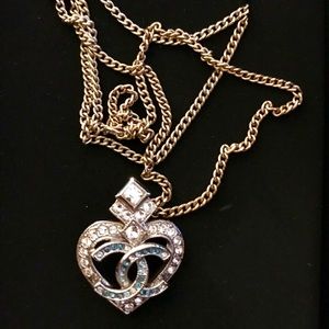 Chanel Crystal Heart Necklace SilverGold Authentic